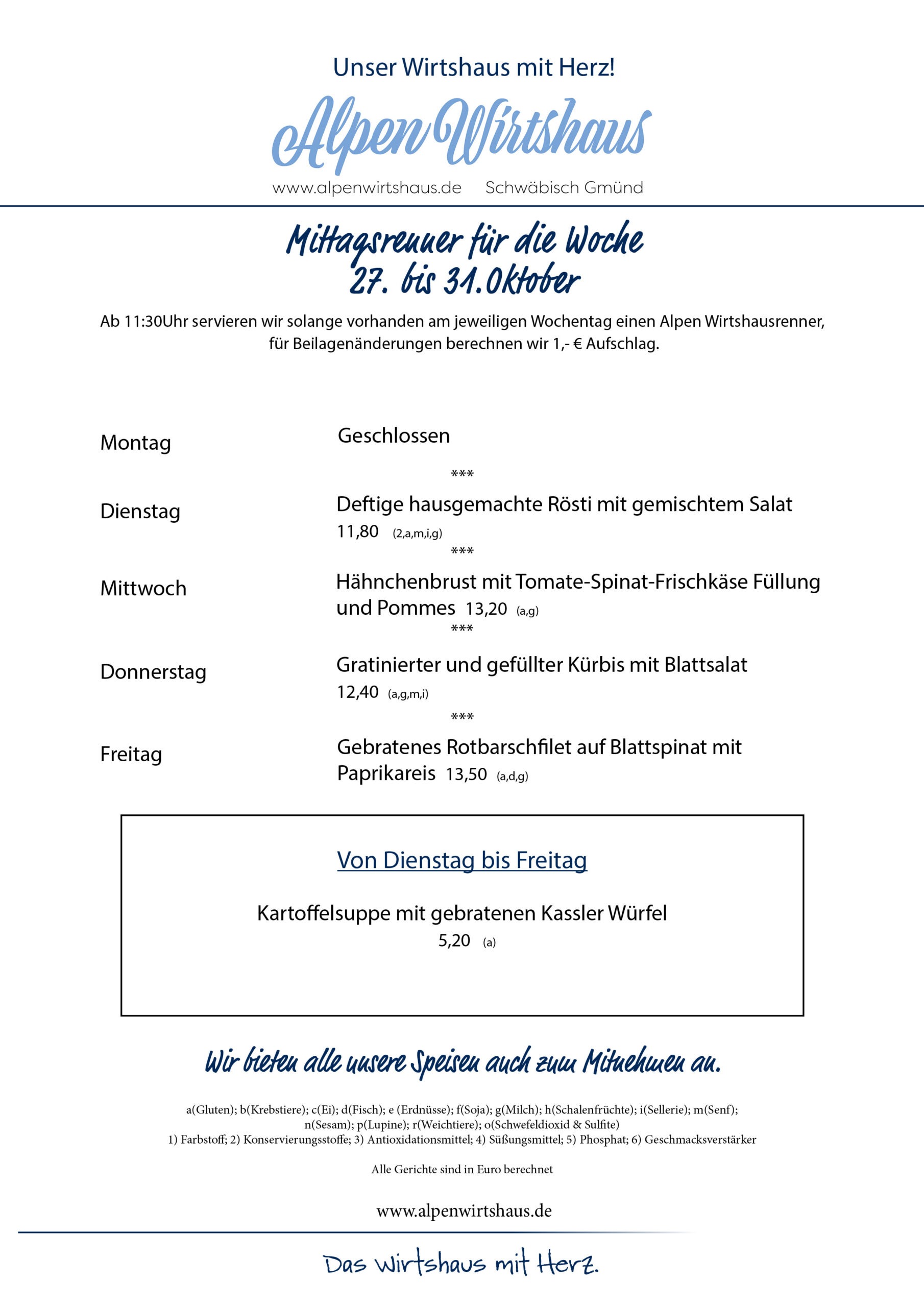 Wochenkarte27.10 Wochenkarte, wechselnde Gerichte, Alpen Wirtshaus