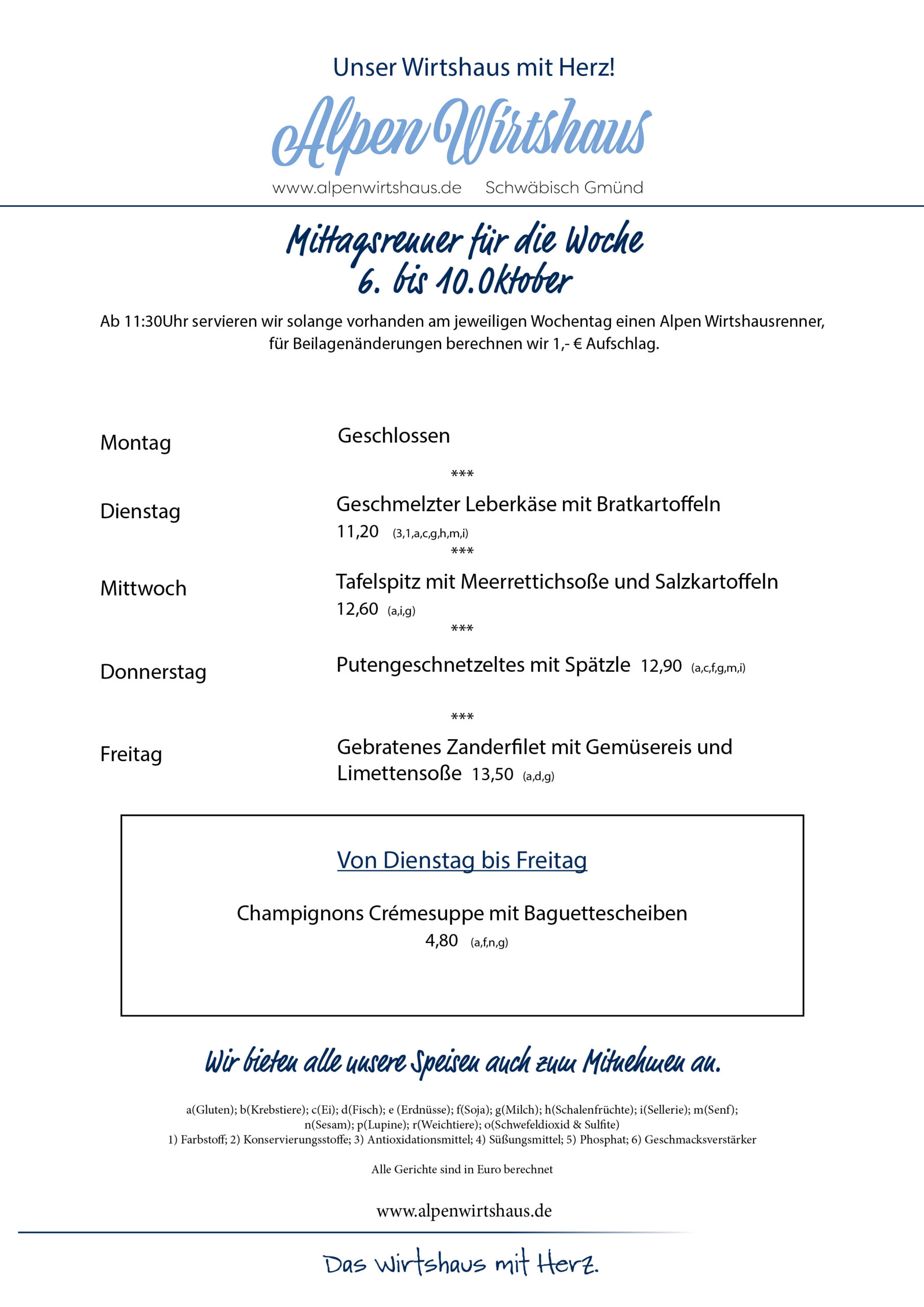 Wochenkarte, wechselnde Gerichte, Alpen Wirtshaus